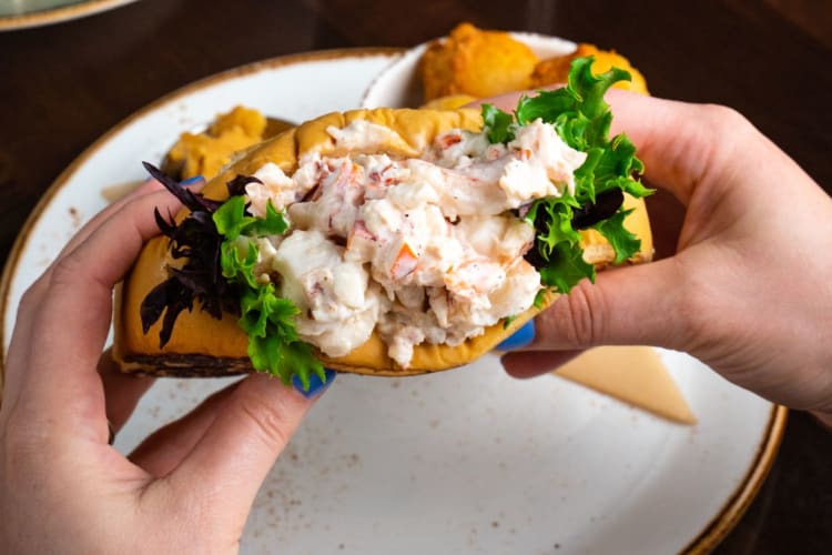 hands holding a lobster roll