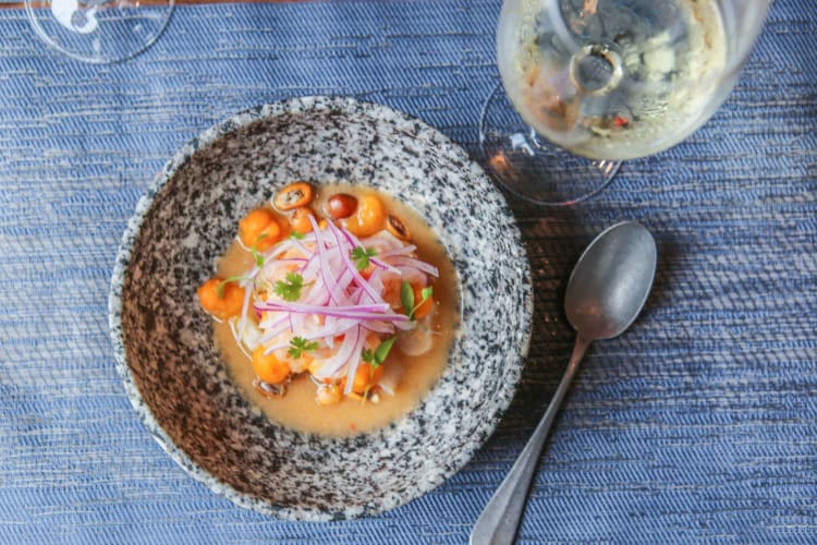 ceviche in a marble bowl with a glass of white wine