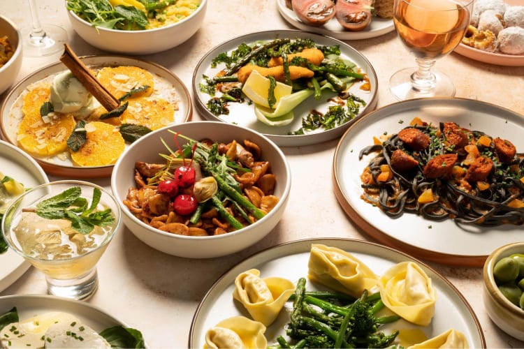 a spread of succulent plant-based Mediterranean dishes