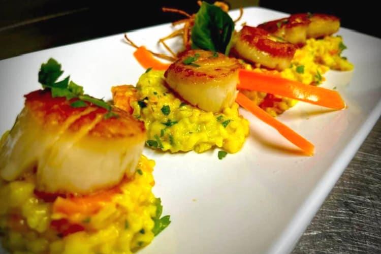 pan seared diver scallops with saffron sweet potato risotto