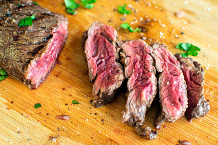 sliced rare hanger steak