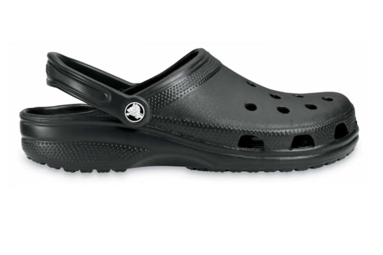 a pair of black Crocs