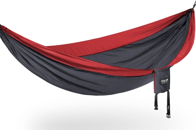 a red and black hammock