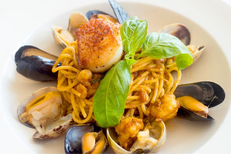 A plate of seafood pasta