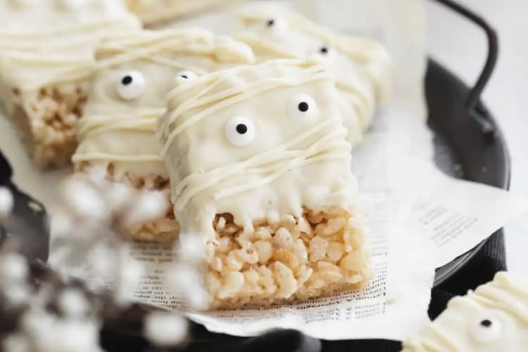 browned butter mummy rice krispie treats dresses up with a halloween flair