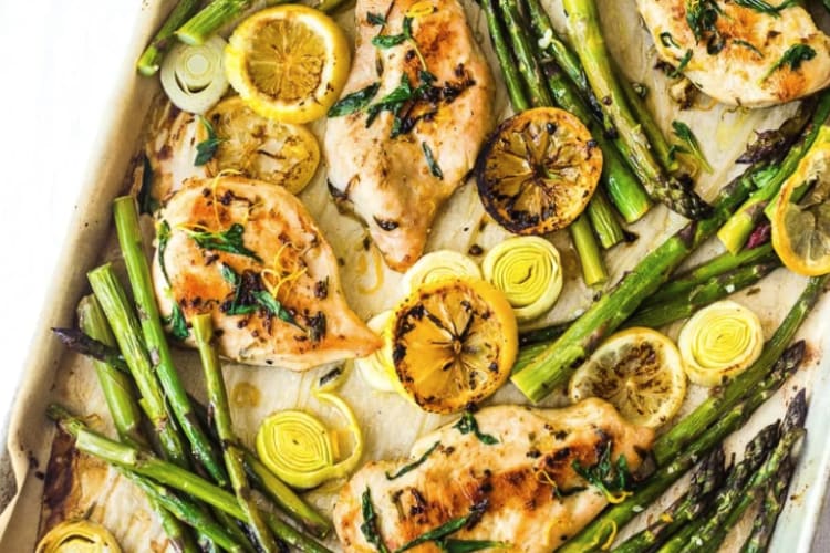 tarragon chicken with asparagus lemon and leeks are a bright and herby healthy chicken breast meal