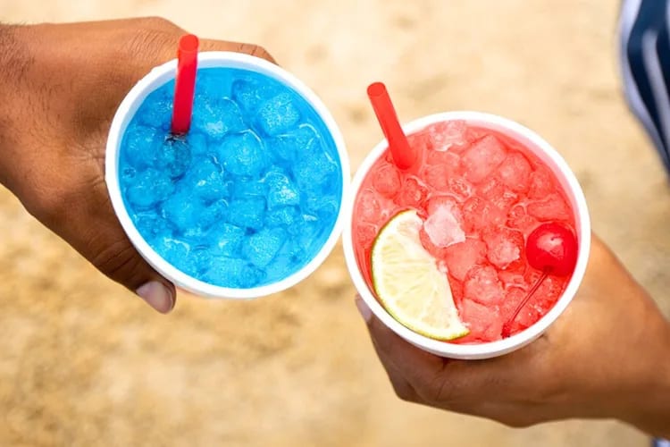 Blue and red slushie drinks