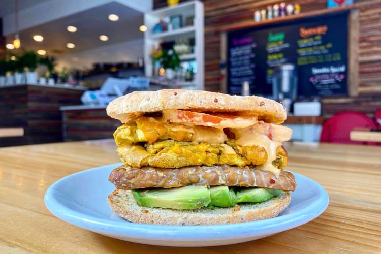 Sandwich with tofu, tempeh bacon, vegan eggs, tomato and avocado from Seedz Cafe as a breakfast in St. Louis