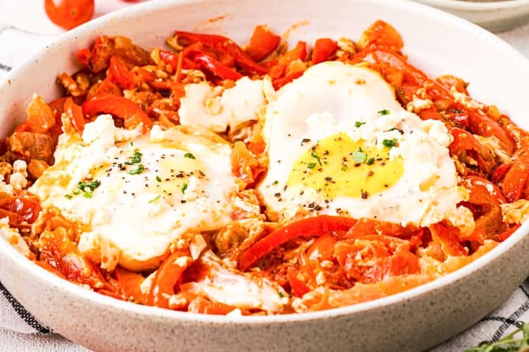 Close-up view of a bowl of shakshouka