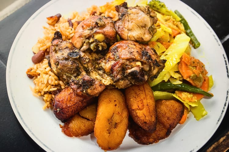 Meat, vegetable and rice dinner from Singh’s Roti Shop
