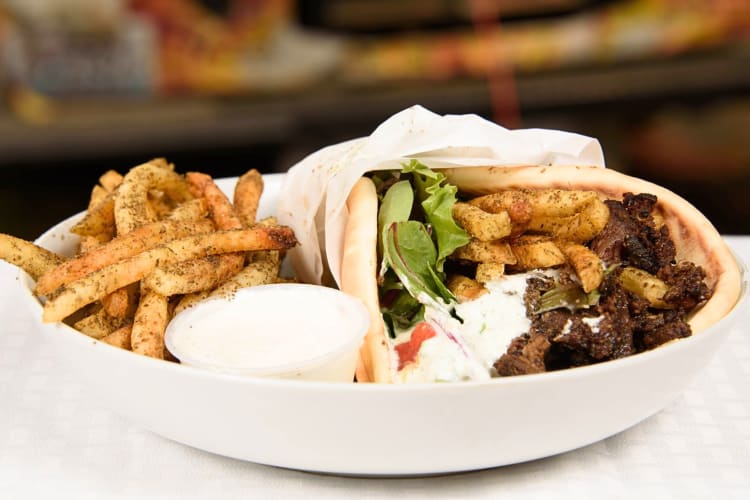 A shawarma, fries and sauce, from Skewers