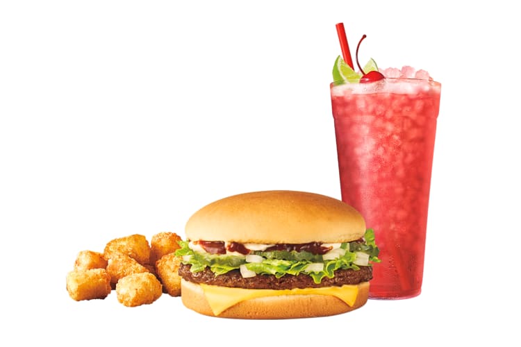 A burger, chicken nuggets and a drink, from Sonic