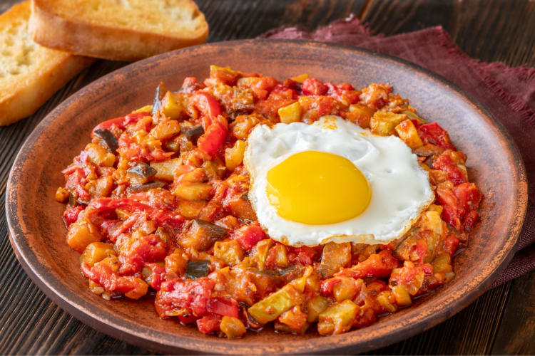 Pisto is a Spanish food comprising stewed vegetables