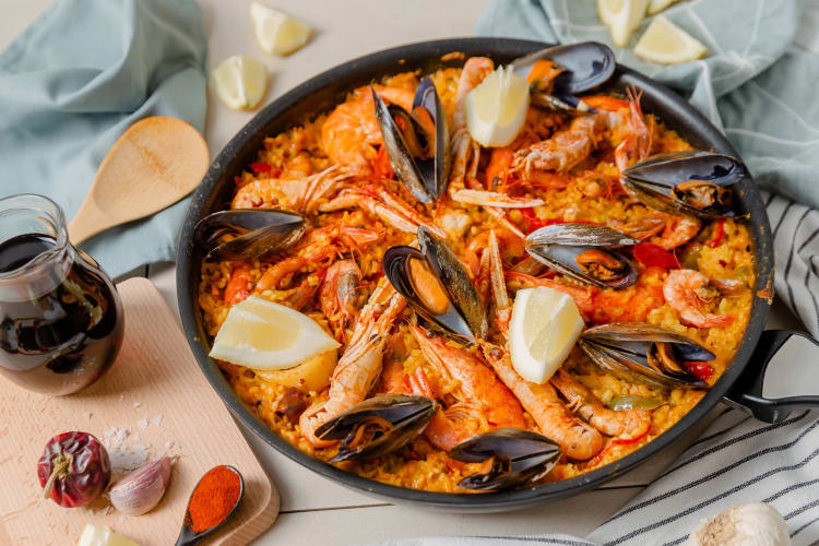 A pan of seafood paella