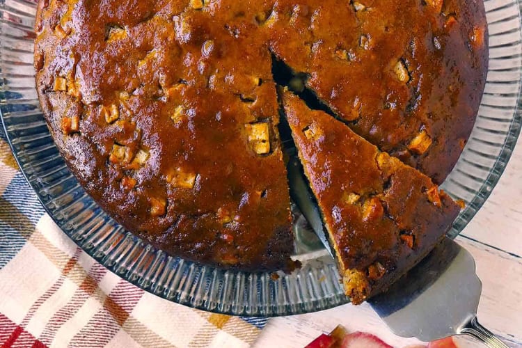 spiced apple cake with honey cider glaze is enriched with olive oil and greek yogurt