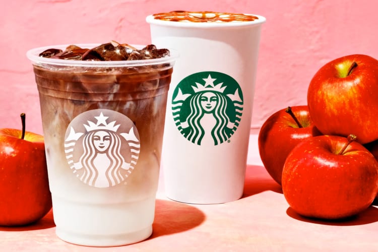 An iced and hot apple crisp macchiato from Starbucks