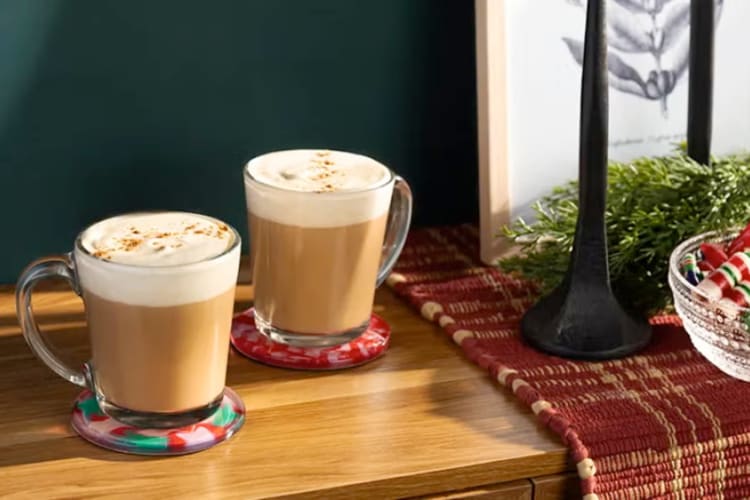 Two eggnog lattes from the Starbucks holiday menu