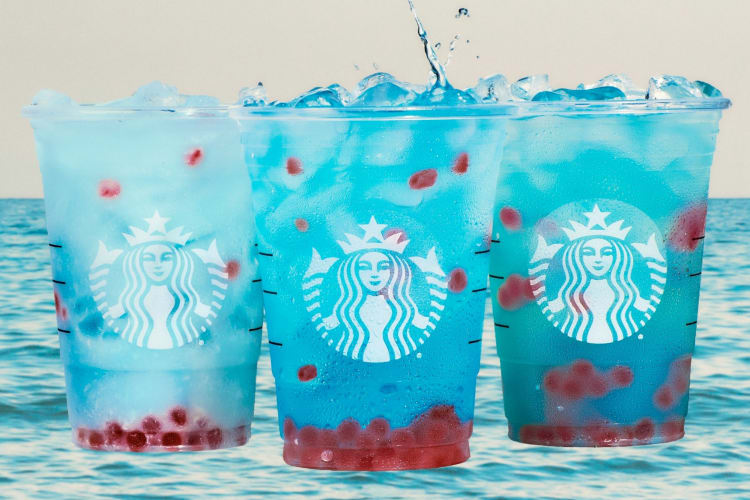 Three blue refresher drinks from Starbucks