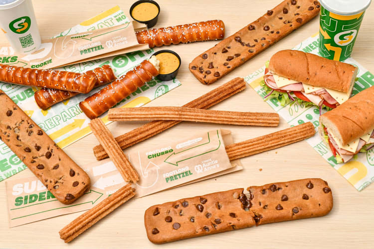 Cookies, churros, pretzels sauce and drinks, from Subway