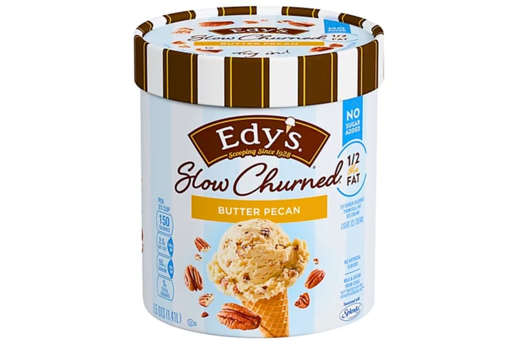 A tub of butter pecan ice cream with a striped lid