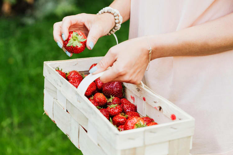A woman holding a basket of fresh strawberries