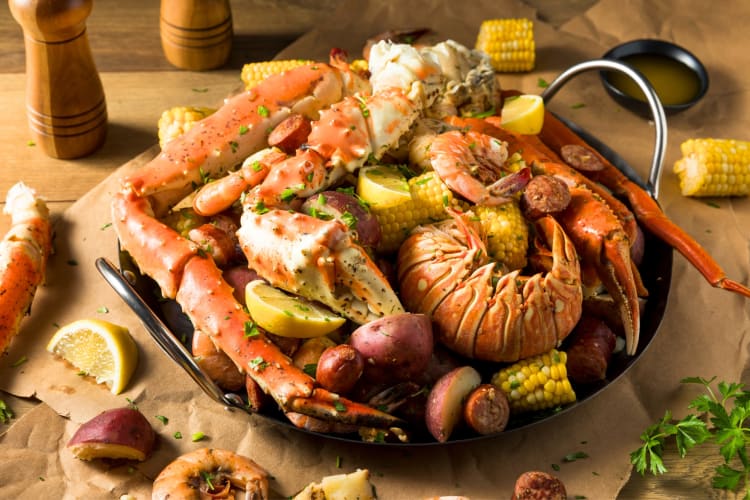 A pan with seafood boil