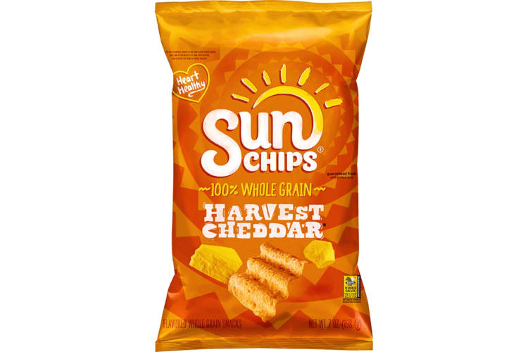 An orange bag of Harvest Cheddar Sun Chips