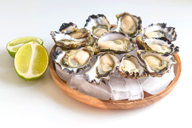 Sydney rock oysters on ice, next to lemon wedges