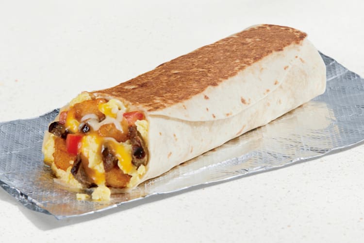 A breakfast burrito with steak from Taco Bell