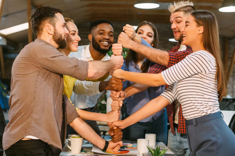 A work group doing team building activities