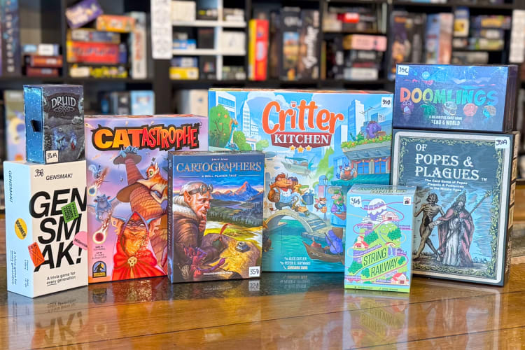 A selection of board games at a board game cafe