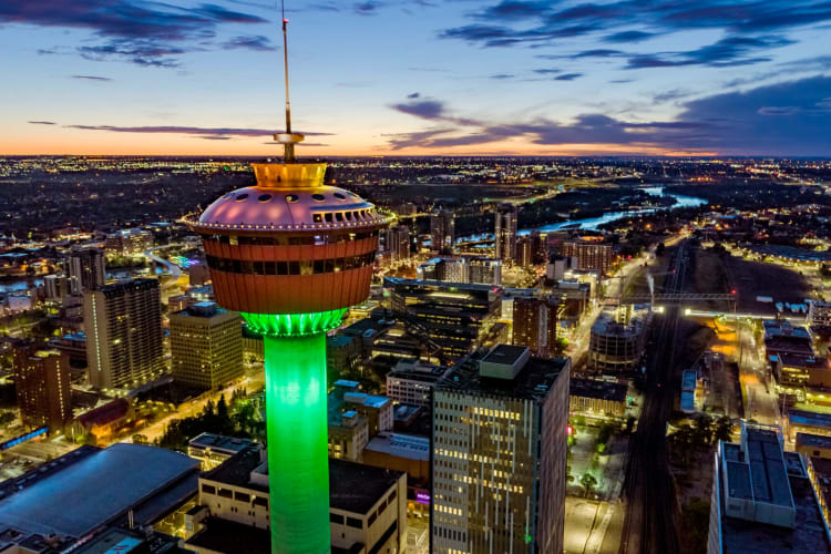 An observation tower and illuminated city buildings at night