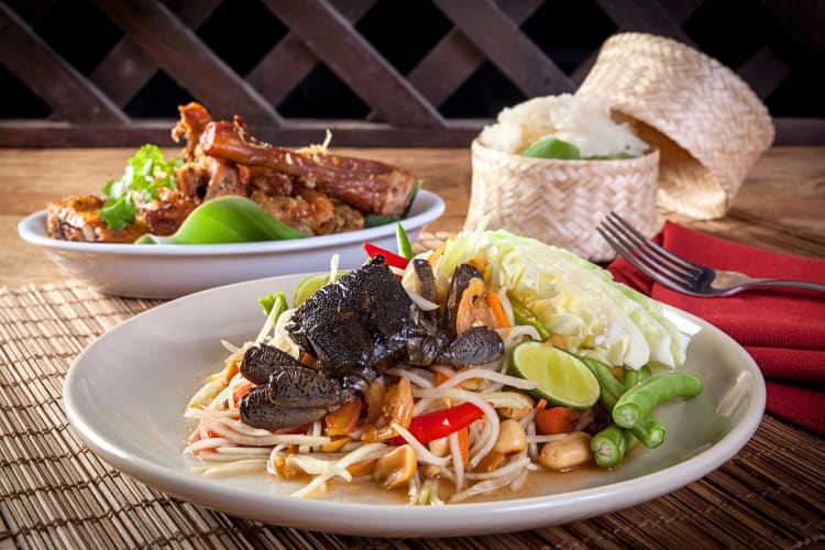 Som tam and chicken grilled rice — two plates of Thai food
