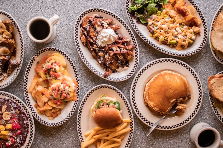 Overview of a variety of breakfasts from The Breakfast Club, a diner in Boston