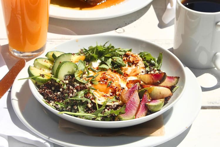 Breakfast meal with eggs, vegetables and fruit from The Grove Café & Market