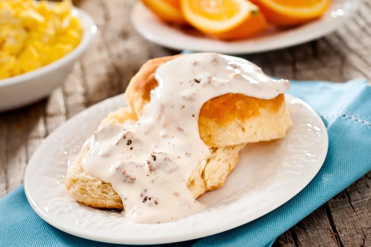 Biscuits and gravy on a plate
