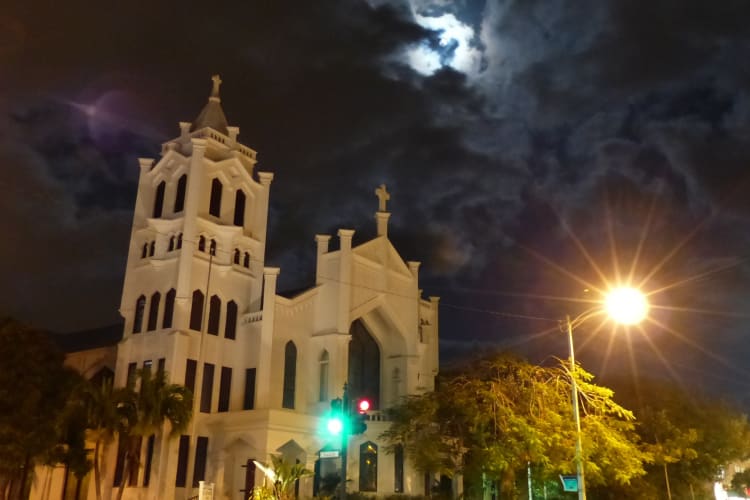 A church illuminated at night