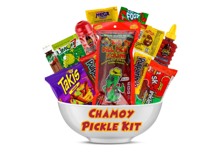 A chamoy pickle and spicy candy gift basket