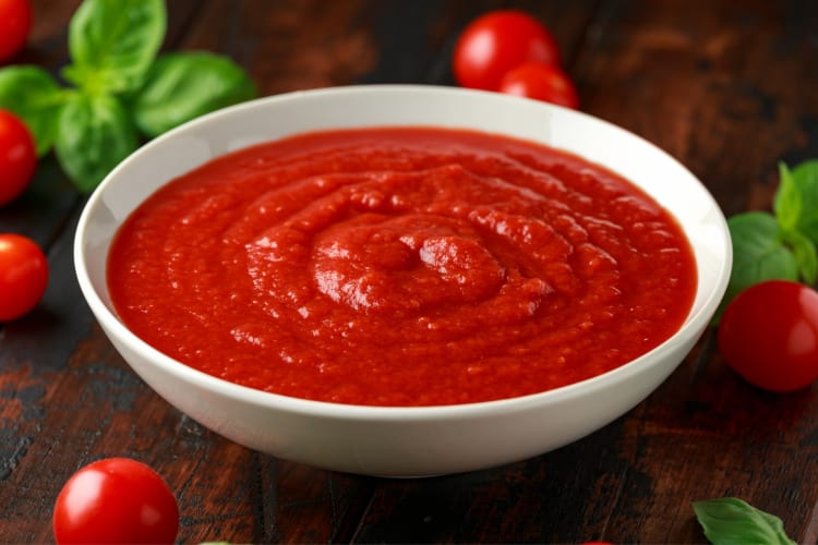A bowl of tomato puree next to fresh tomatoes and basil
