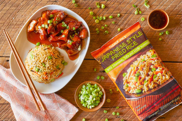 A plate of Japanese-style fried rice next to the packaging