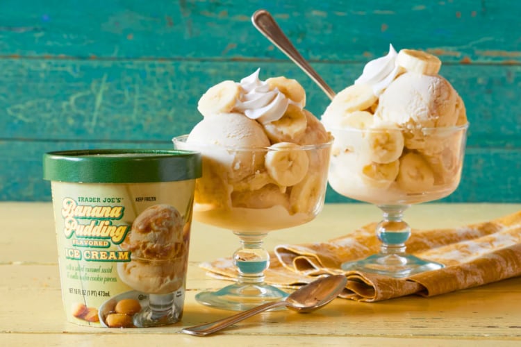 Banana pudding ice cream next to two ice cream sundaes
