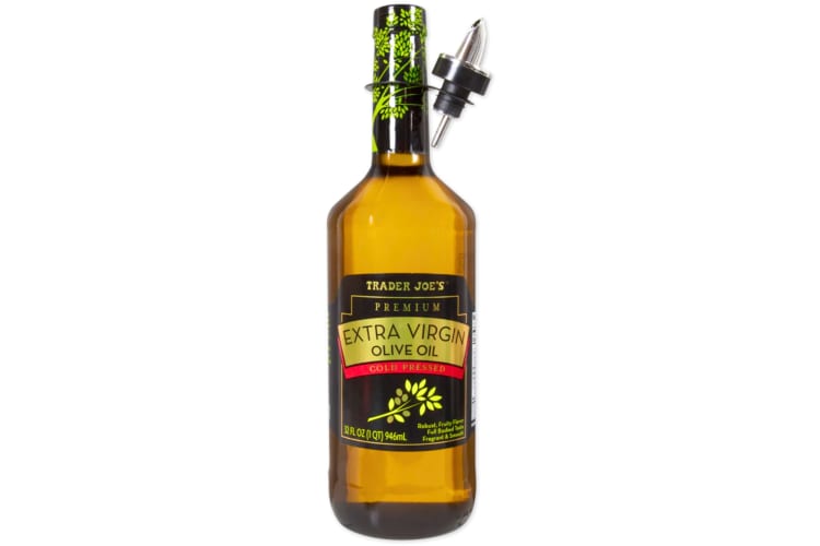 A bottle of Trader Joe's Premium Extra Virgin Olive Oil