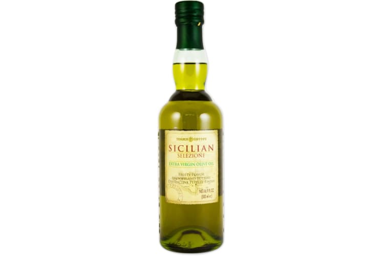 A bottle of Trader Joe’s Sicilian Selezione Extra Virgin Olive Oil 