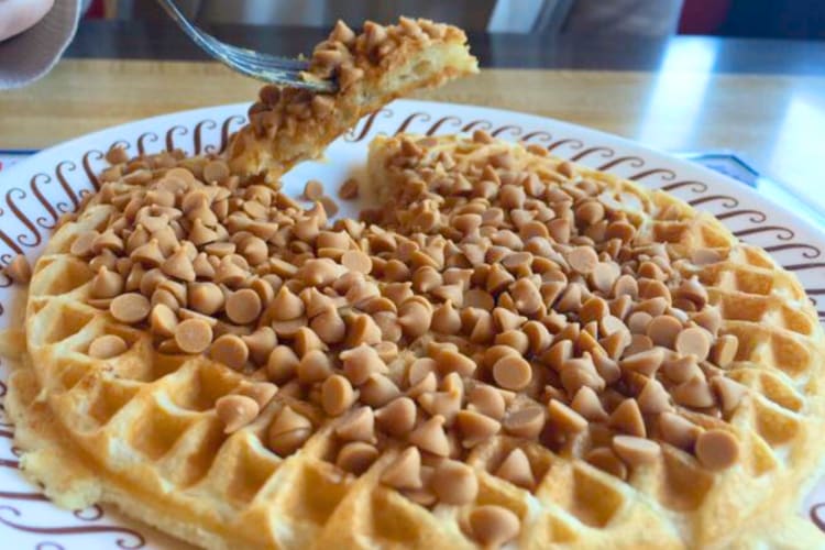 A waffle with lots of peanut butter chips