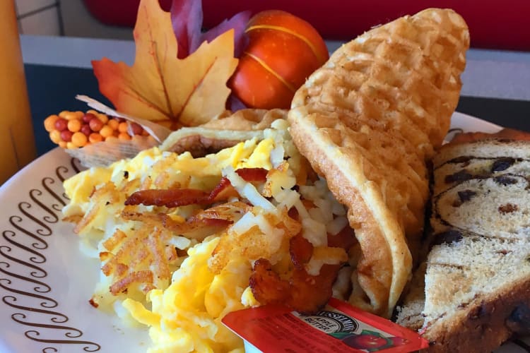A waffle with hashbrowns