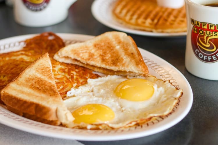 Two fried eggs, two hash browns and toast from Waffle House
