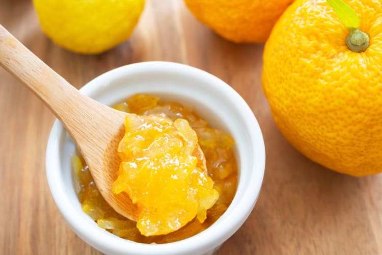 Yuzu sauce in a white ceramic bowl