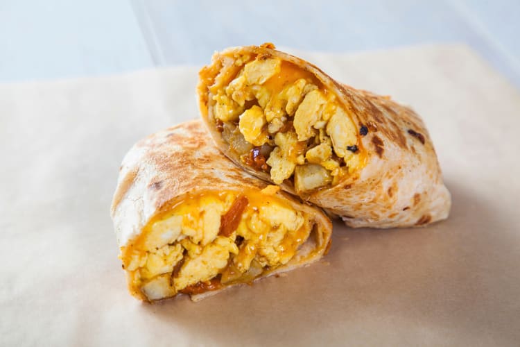 Breakfast burrito sliced in half