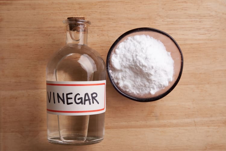 A bottle of vinegar next to a bowl of baking soda