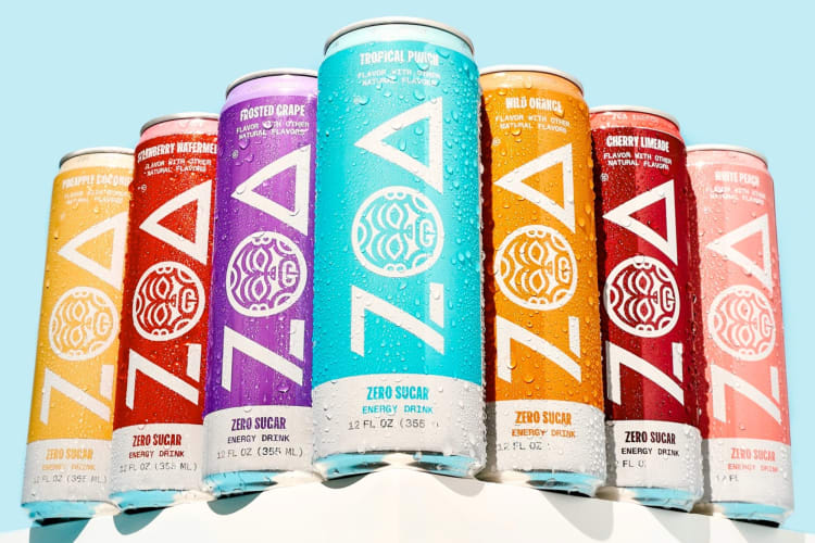 Seven different colored cans of ZOA Energy drinks